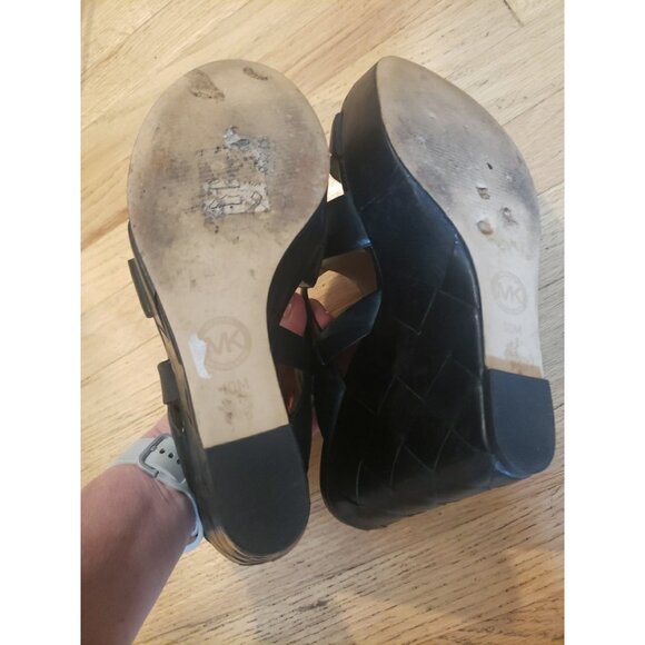 Michaell Kors Shoes Sandals Black Wedge Platform 10 Leather Strappy - Picture 12 of 13